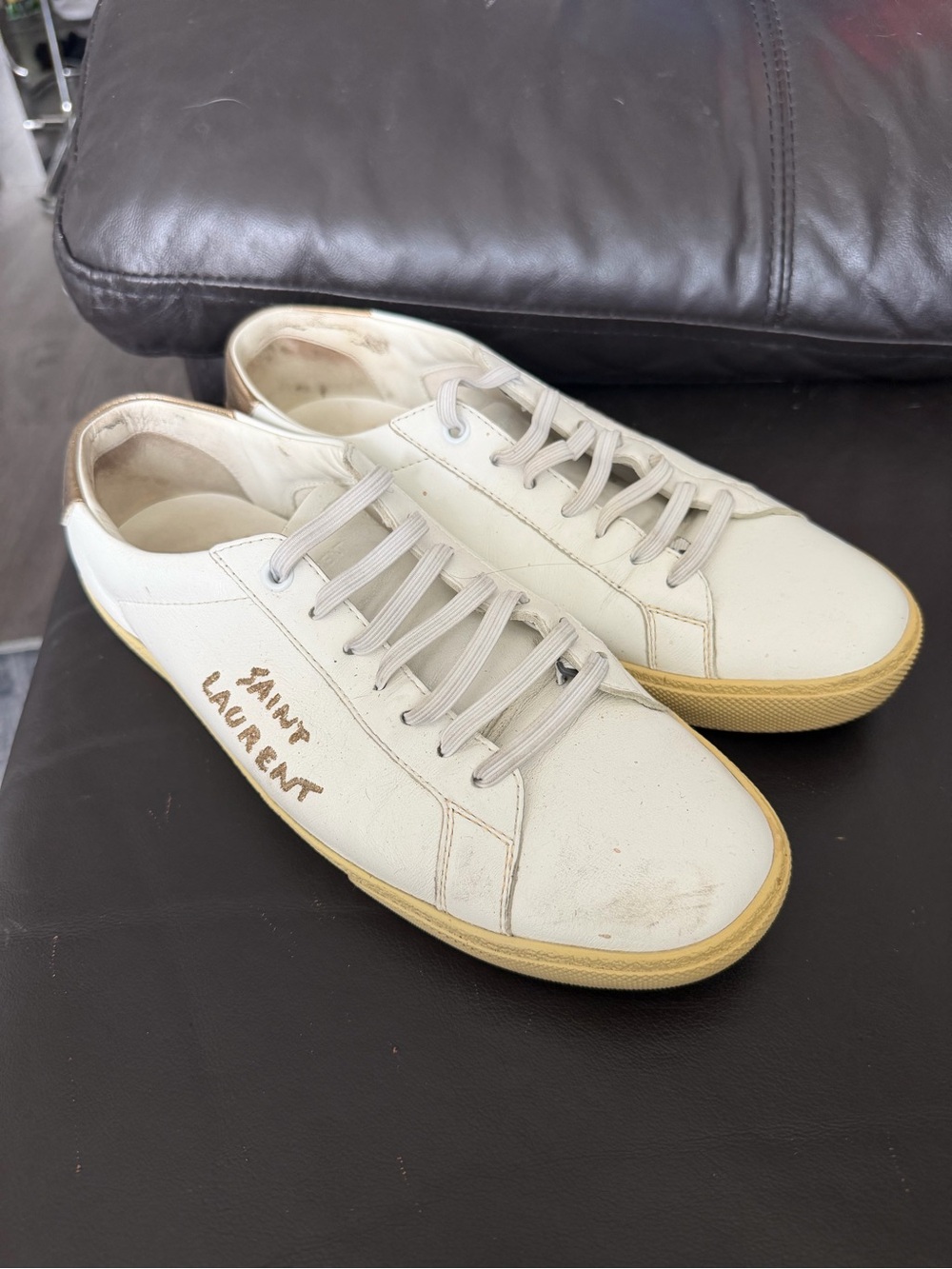 Saint Laurent White Leather Low-Top Sneakers with Tan Rubber Sole